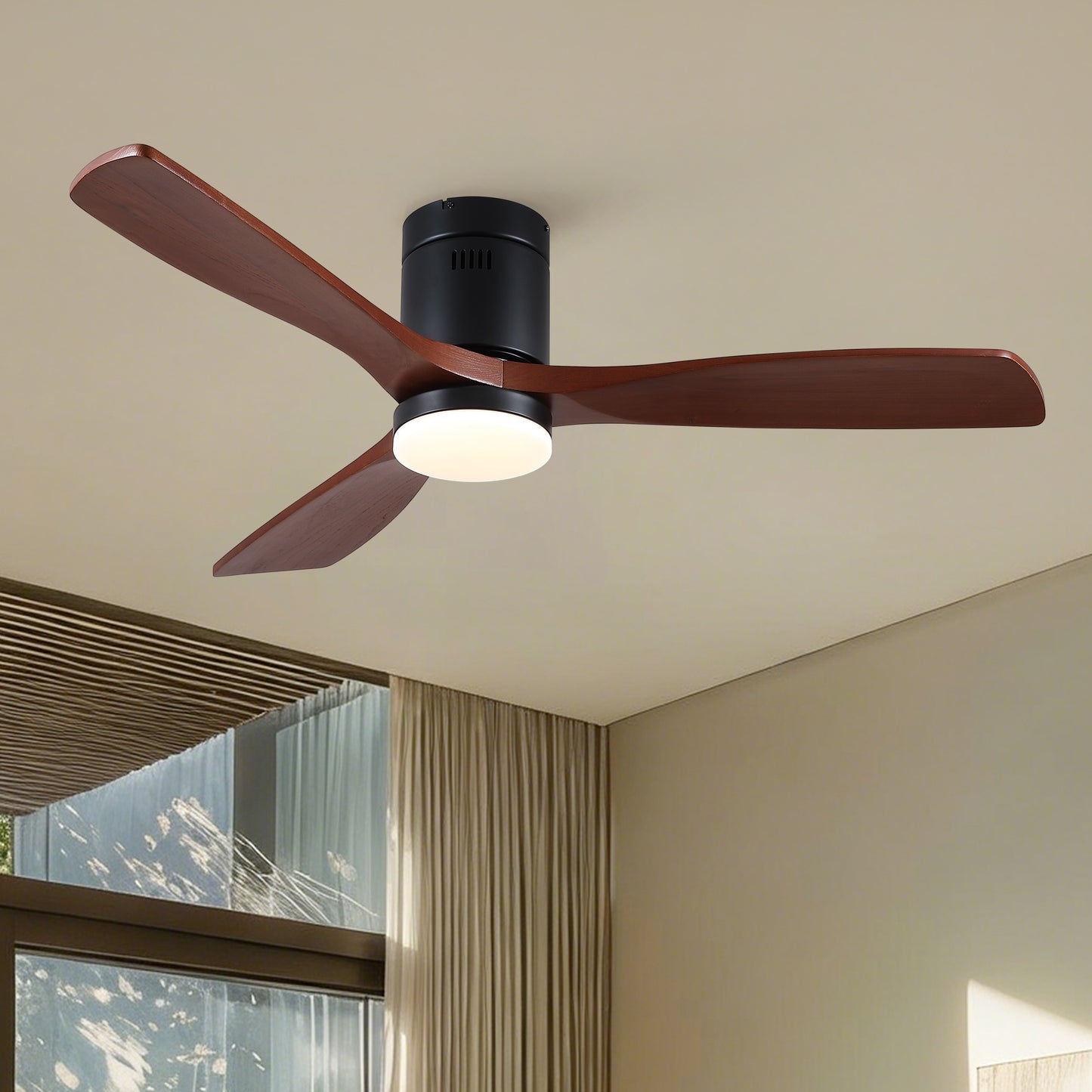 52 inch Mordern Matte Black Farmhouse Retro Solid Wood Low Profile Flush Mount Intergrated LED Ceiling Fan with Light image 3