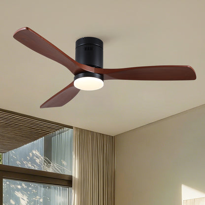 52 inch Mordern Matte Black Farmhouse Retro Solid Wood Low Profile Flush Mount Intergrated LED Ceiling Fan with Light image 3