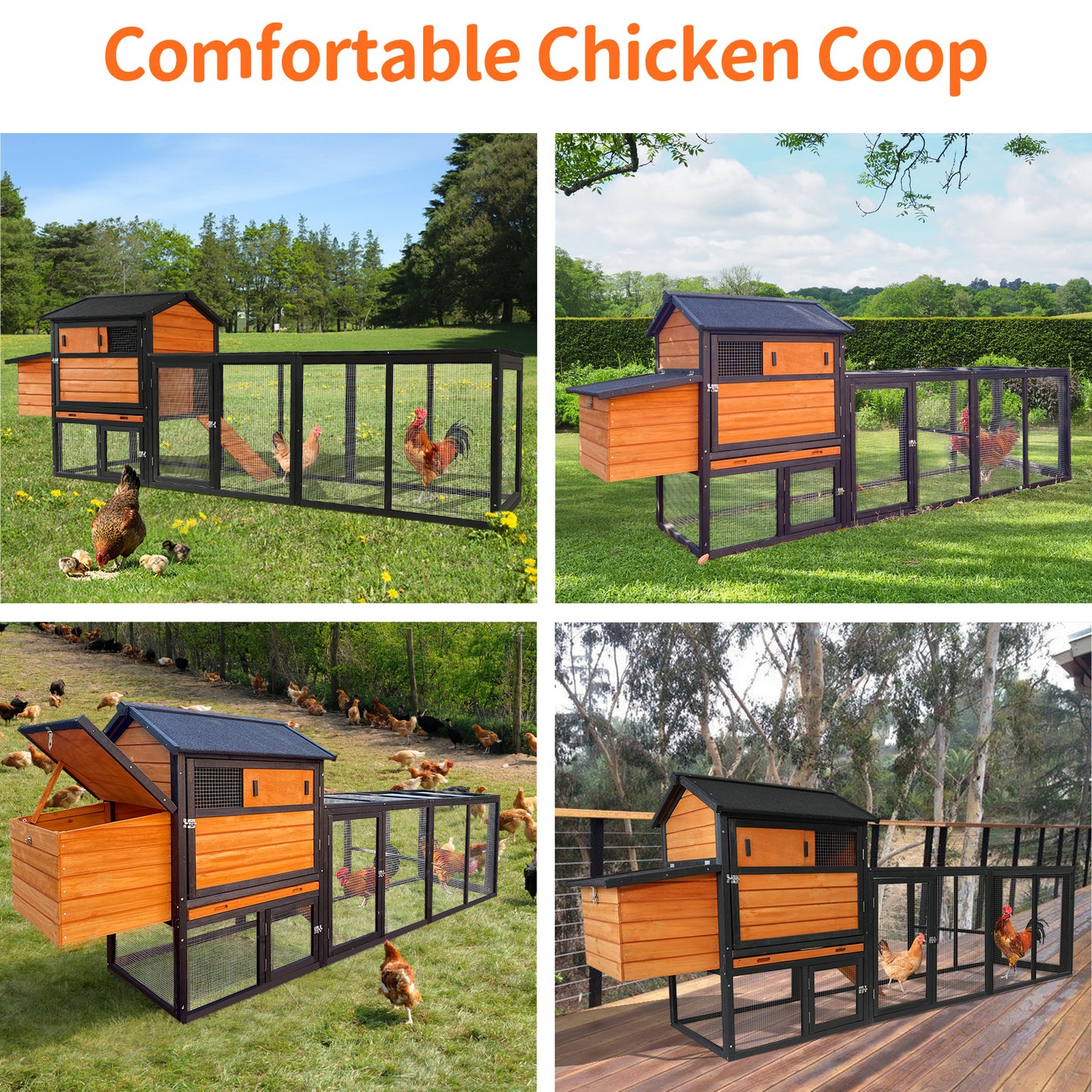 brown+black Wooden Chicken Coop, Large Outdoor Hen House with Run and Nesting Box Poultry Cage, Rabbit Hutch, Waterproof Anti-UV Panel for Backyard image 8