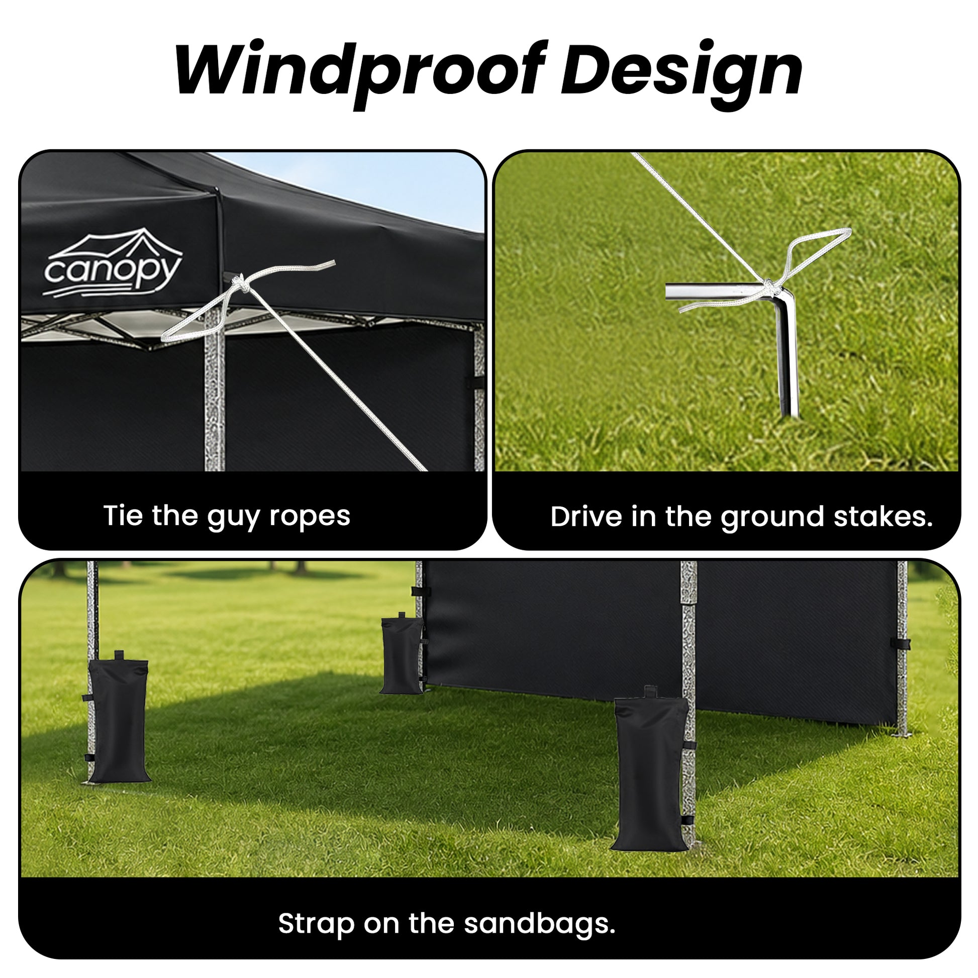 10x10 Pop Up Canopy Tent w/ 1 Sidewall, Black Speckled Steel Frame, Black Silver-Coated Top UPF50+ Water-Resistant, 4 Adjustable Heights (6.7-7.6 ft) Includes Sandbags Stakes Ropes Carry Bag for Beach image 7