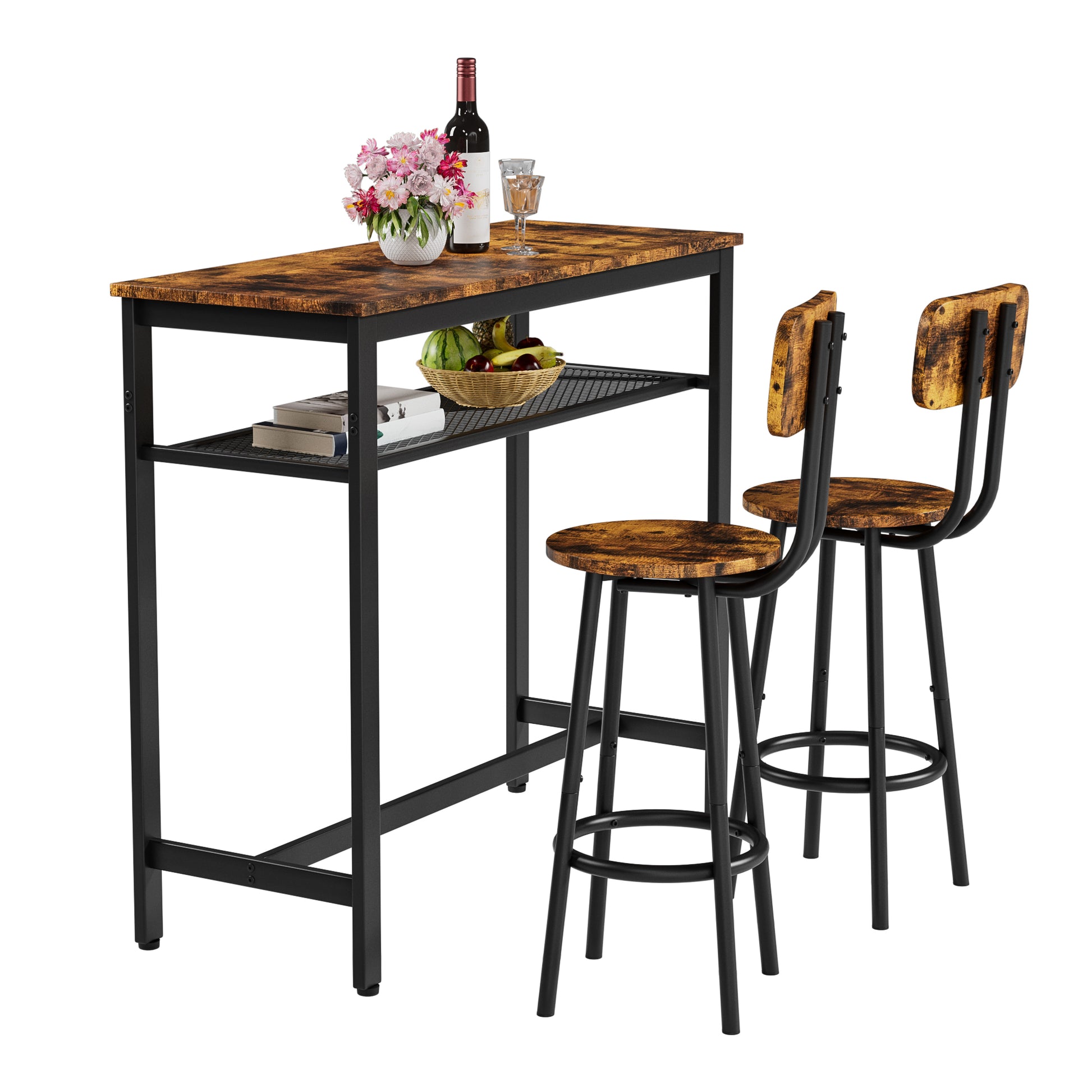 Bar table, equipped with 2 bar stools, with backrest and partition (Rustic Brown) image 6