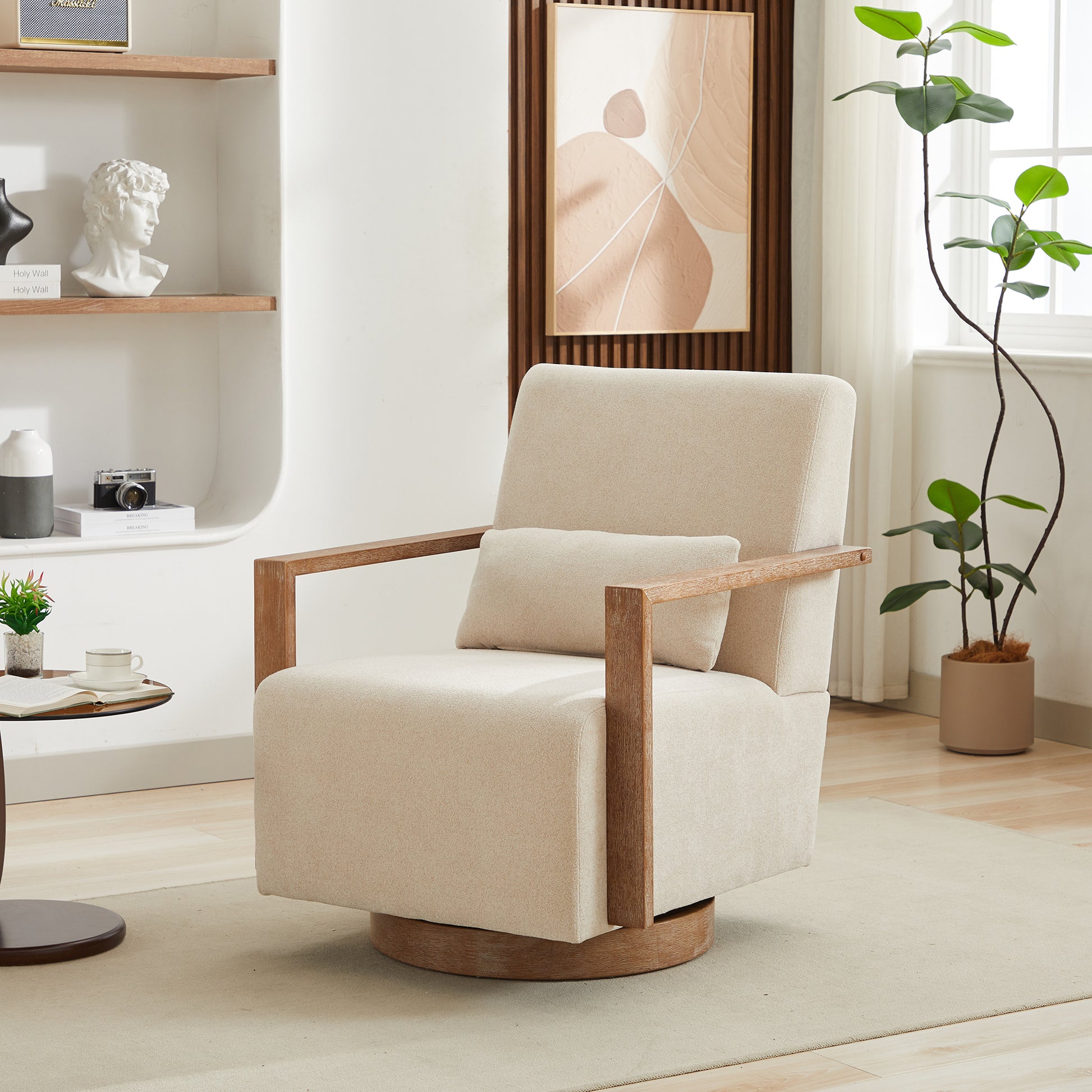 29.72"W Swivel Modern Upholstered Accent Chair with Solid Wood Armrests and 360 Degree Comfy Lounge Reading Chair, Side Armchair for Hotel, Bedroom, Living Room, Office, and Nursery Room. Beige image 3