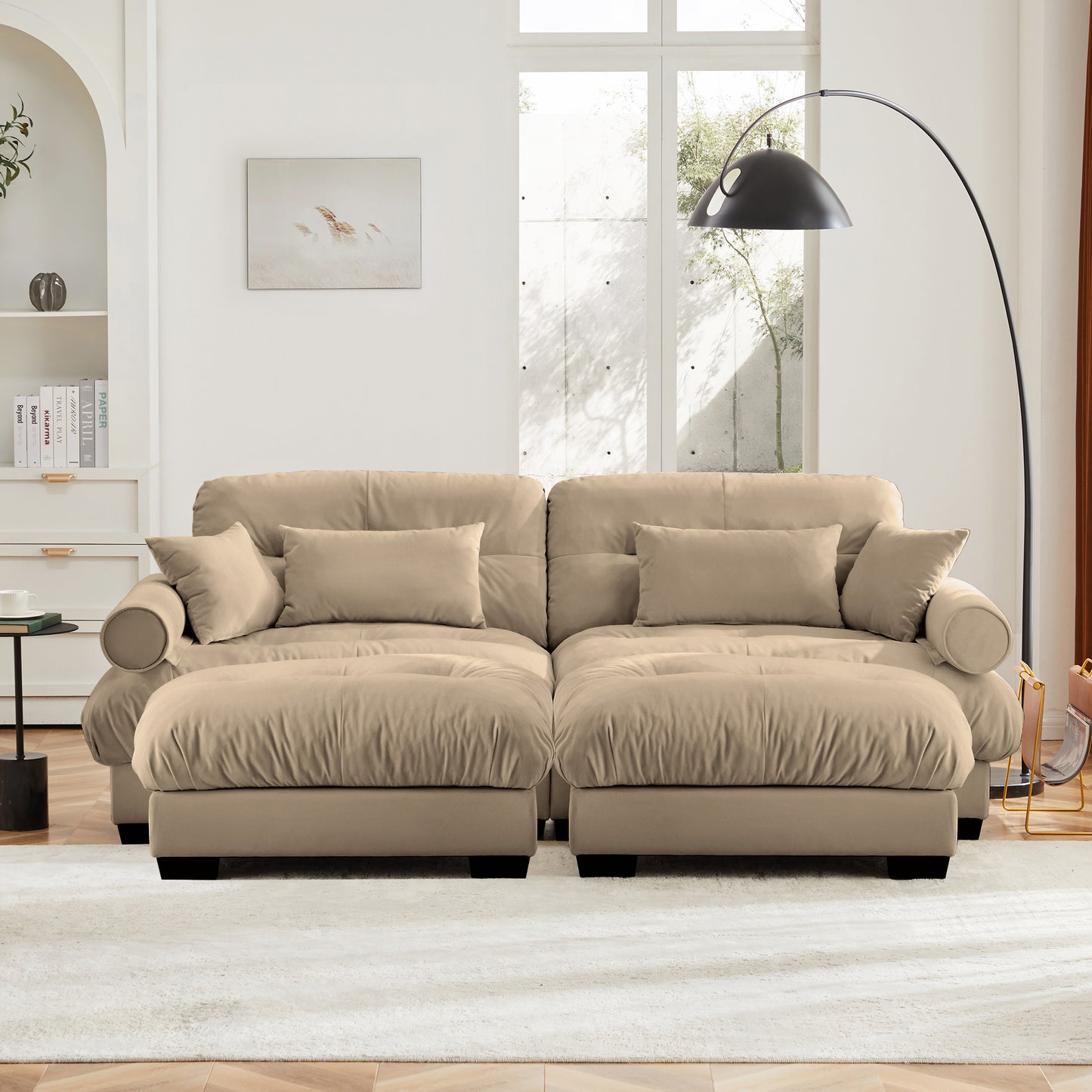 Over Size Modern Two-seater Sofa with Ottoman, Velvet 2-Seater with Round Bolster Armrests,With Waist Pillow and Throw Pillows, Reading Room, Loft and Bedroom,Camel image 3