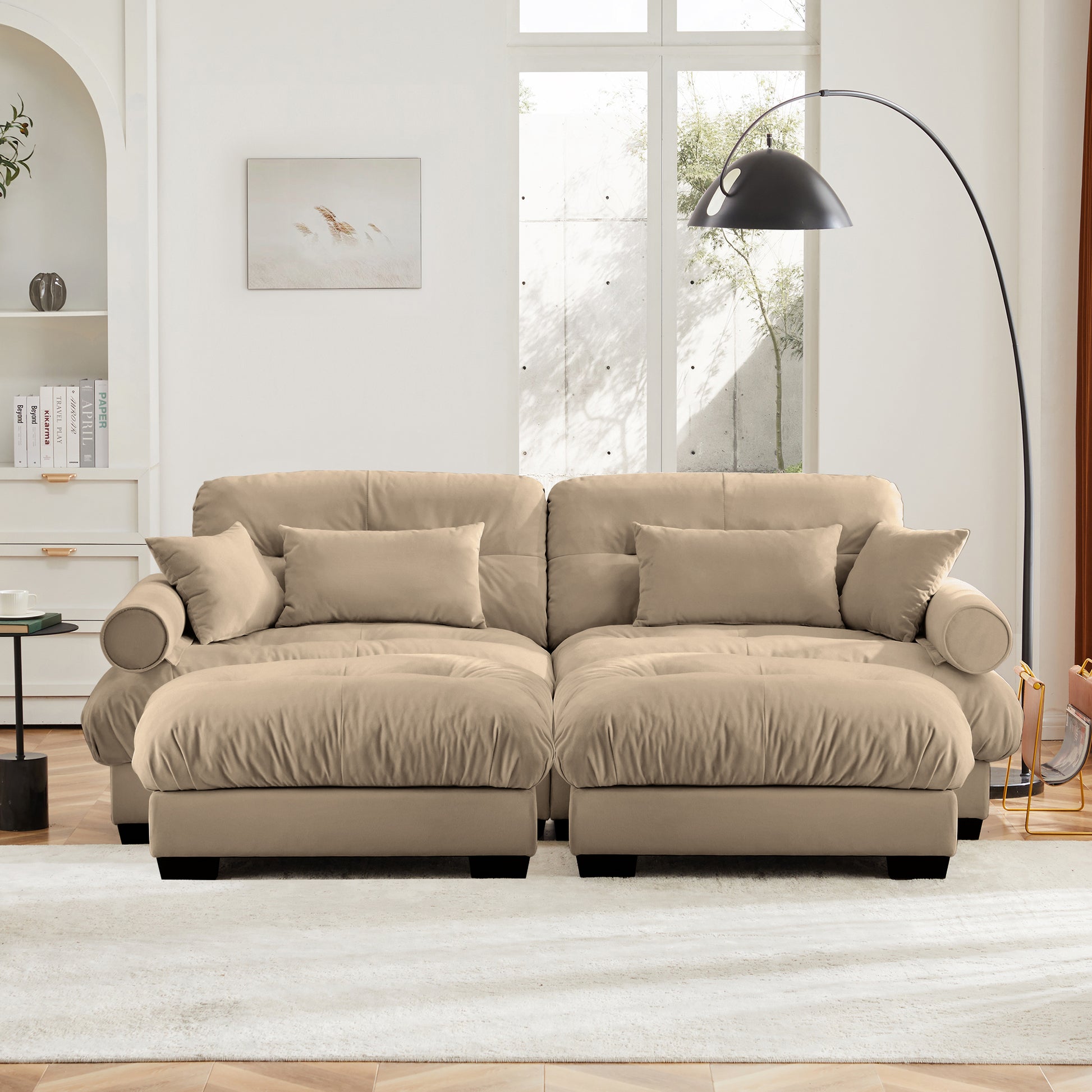 Over Size Modern Two-seater Sofa with Ottoman, Velvet 2-Seater with Round Bolster Armrests,With Waist Pillow and Throw Pillows, Reading Room, Loft and Bedroom,Camel image 3