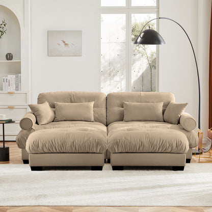 Over Size Modern Two-seater Sofa with Ottoman, Velvet 2-Seater with Round Bolster Armrests,With Waist Pillow and Throw Pillows, Reading Room, Loft and Bedroom,Camel image 3