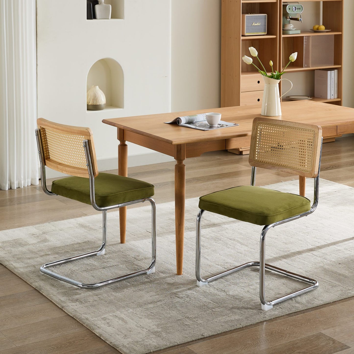 Mid Century Modern Dining Chairs Set of 2, Velvet Accent Chairs with Natural Cane Back & Stainless Chrome Base, Famous Breuer Designed Chairs, Upholstered Rattan Kitchen Chairs,Olive-Green image 12