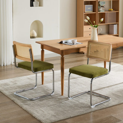 Mid Century Modern Dining Chairs Set of 2, Velvet Accent Chairs with Natural Cane Back & Stainless Chrome Base, Famous Breuer Designed Chairs, Upholstered Rattan Kitchen Chairs,Olive-Green image 12