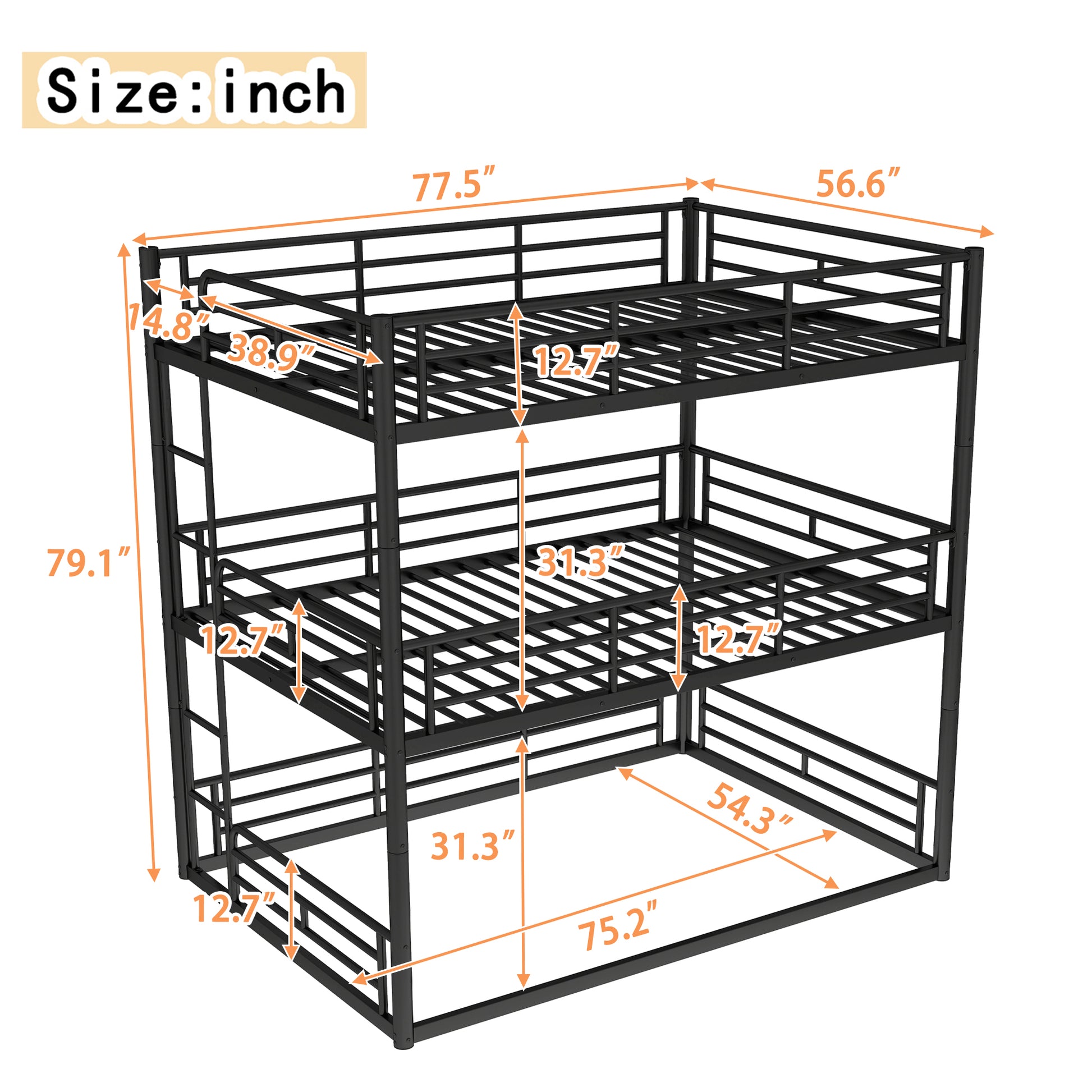Full over Full over Full Bunk Bed, Metal Triple Bunk Bed with Safety Guardrails, Heavy-duty Bunk Bed with Noise-reduced Design, Black image 5
