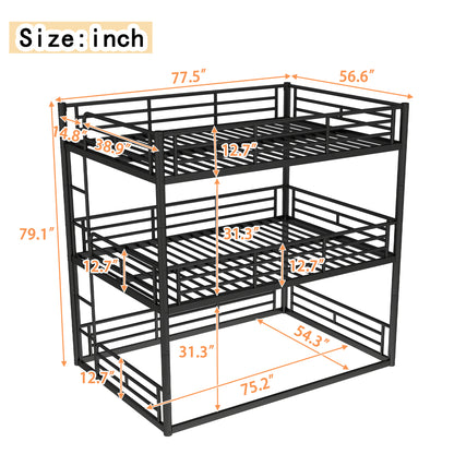 Full over Full over Full Bunk Bed, Metal Triple Bunk Bed with Safety Guardrails, Heavy-duty Bunk Bed with Noise-reduced Design, Black image 5