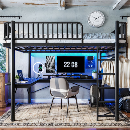 Queen Loft Bed with L-Shaped Desk,LED Light Strip and Charge Station, Metal Loft Bed with Computer Mainframe Tray and Hanging Area, Special Round Pipe Design, Black image 4