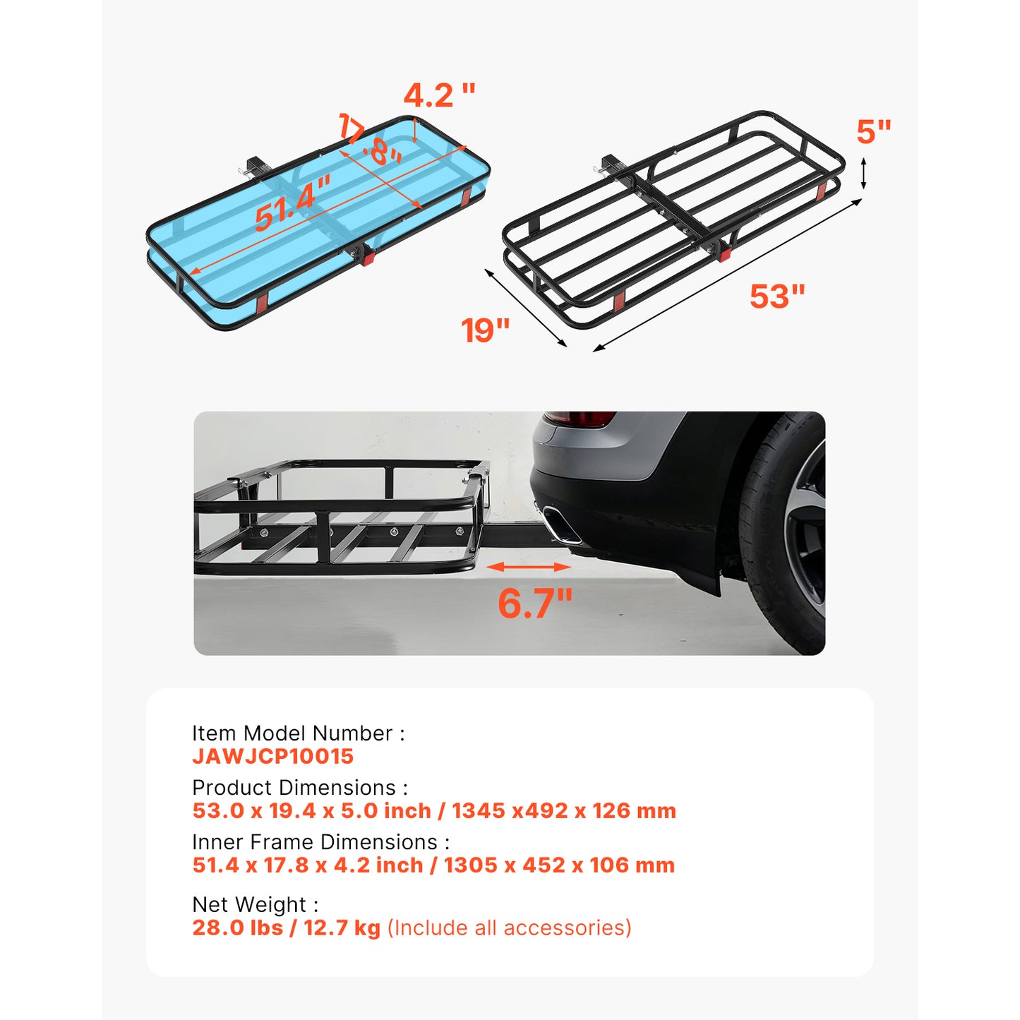 53" x 19" x 5", Hitch Cargo Carrier, 500 lbs Capacity Hitch Cargo Carrier with Hitch Stabilizer & Ratchet Straps, Hitch Mount Cargo Carrier with Cargo Net with Hook, Fit for SUVs image 10