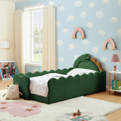 Twin Size Cute Dinosaur-Shaped Kids Bed with Safety Guardraild, Solid Wood Toddler Bed Frame for Children for Bedroom, Boucle Fabric image 2