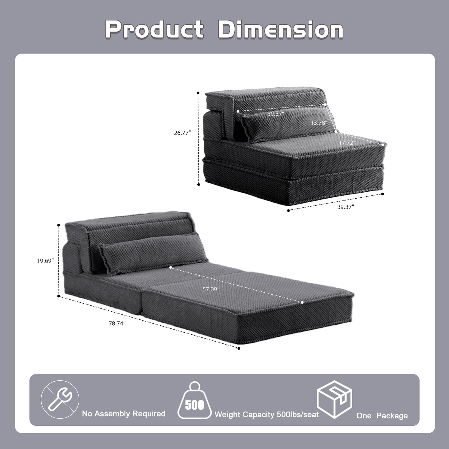 Compression Mahjong Sofa,Convertible Floor Sofa Bed,DIY Boneless Modular Sectional Sofa,No Assembly Required,Circle fleece fabric,Oversized Single Sofa with 1 Pillow,Dark Grey image 3
