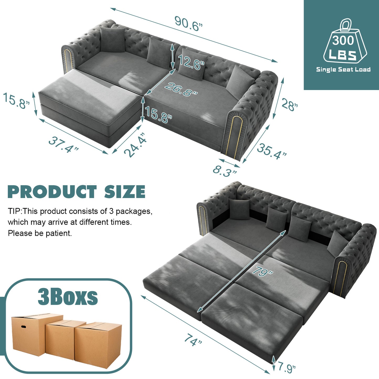 90.6" 3-in-1 Convertible Sleeper Sofa,Elegant Modern Couch with Button Tufted and Gold Edge Trim,3-Seater Couch with Movable Ottoman for Living Room,Apartment,Office,Bedroom,Dark Grey image 9