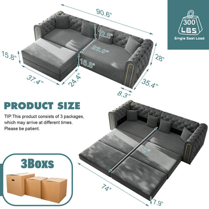 90.6" 3-in-1 Convertible Sleeper Sofa,Elegant Modern Couch with Button Tufted and Gold Edge Trim,3-Seater Couch with Movable Ottoman for Living Room,Apartment,Office,Bedroom,Dark Grey image 9