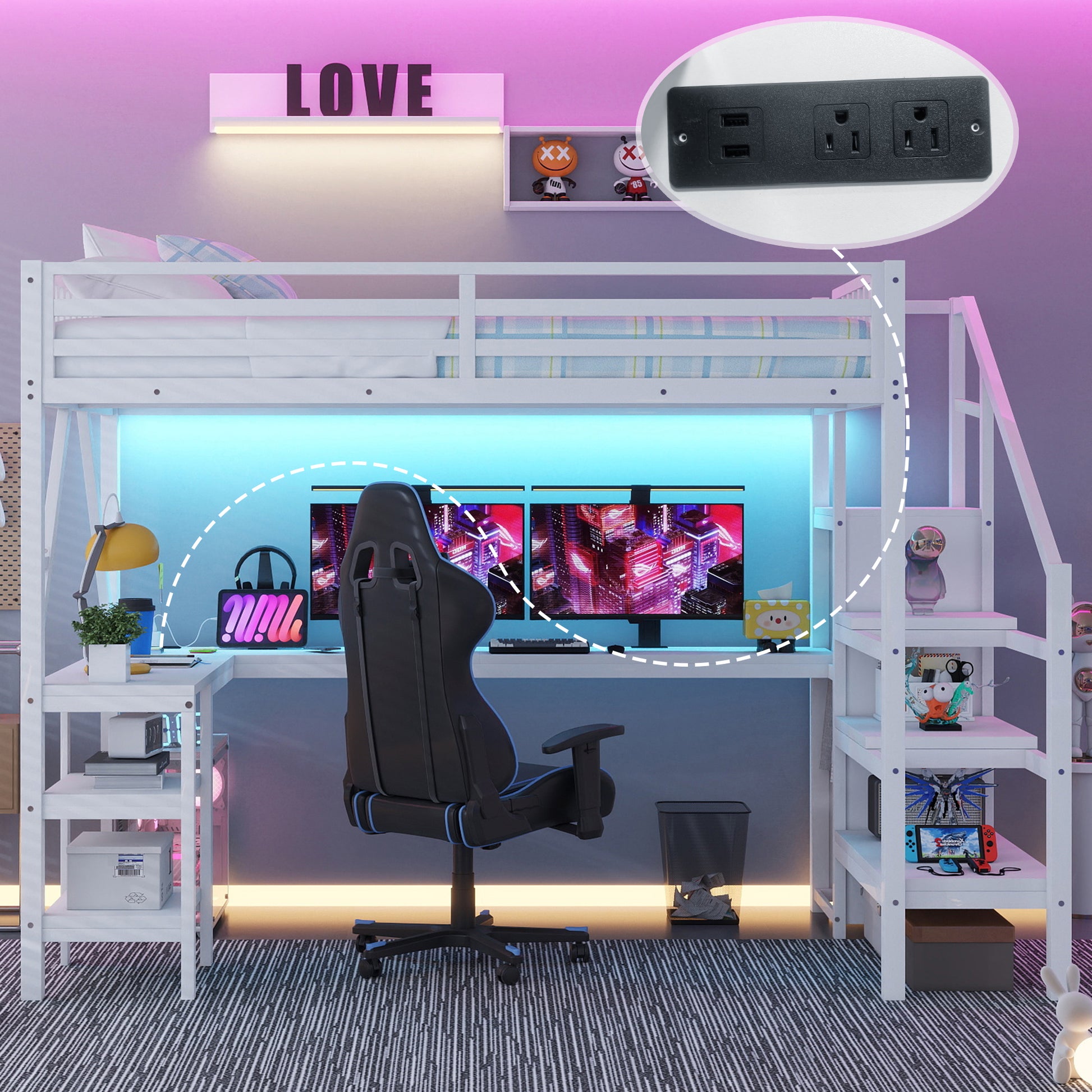 Metal Full Loft Bed with Wardrobe and LED Light, Full Size Loft Bed with L Shaped Desk and USB for Kids Teens Adults, White(Expect Arrival Date 2026/3/2) image 2
