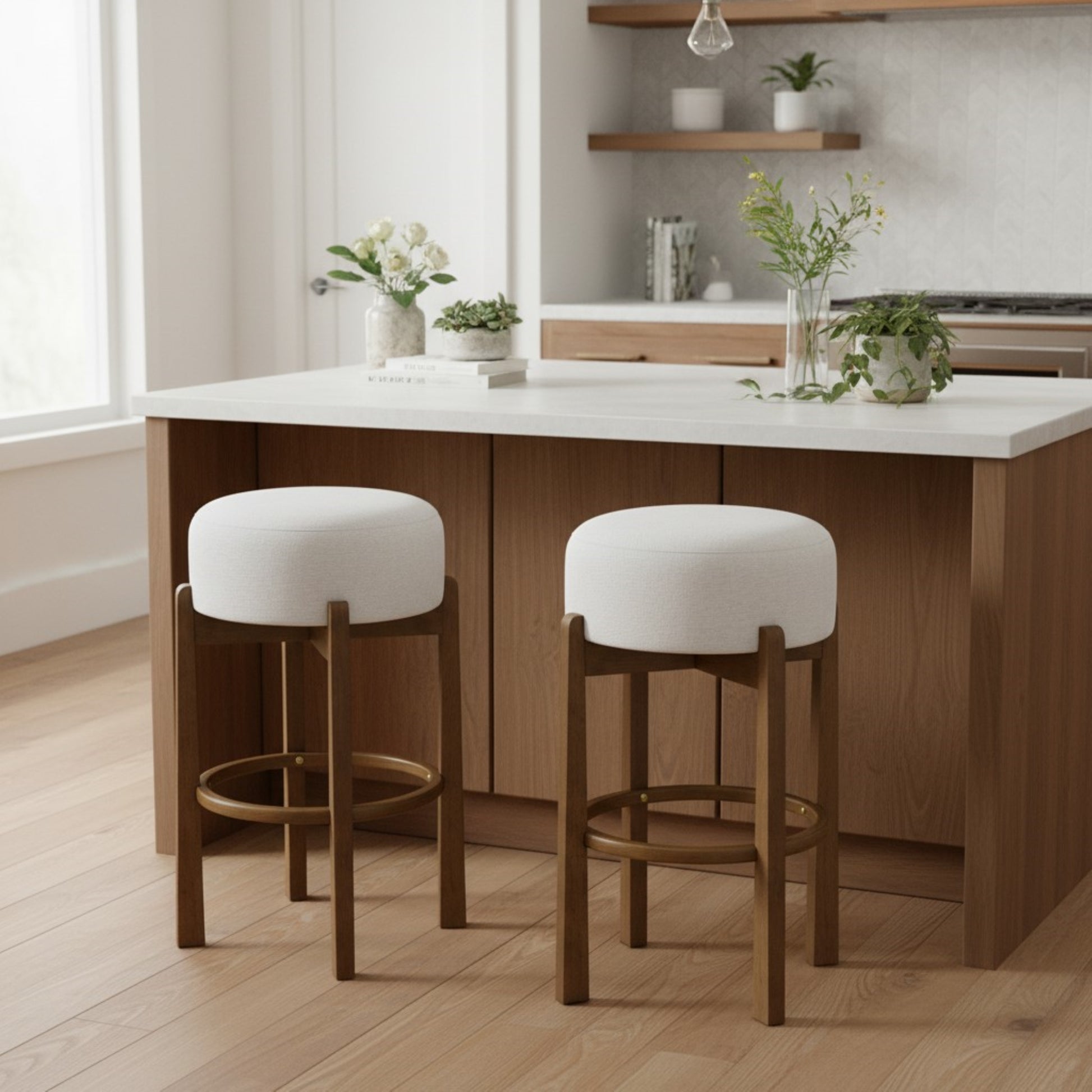 Vera Indoor Wooden Upholstered Barstool, Dark Walnut Finish and Ivory Upholstery, Set of 2 image 1