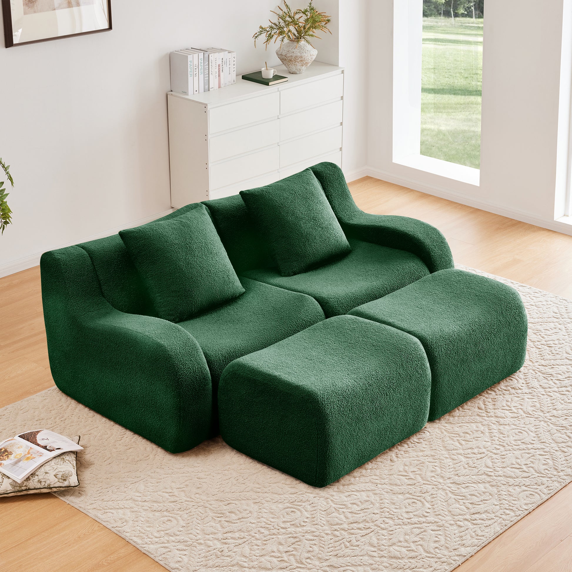 Soft Teddy Fabric Boneless Sofa,Anti-Slip Design,Assembly Chaise Lounge Curved Armrests Ergonomic Support 32D High Density Sponge,For Living Rooms Bedrooms,Green image 2