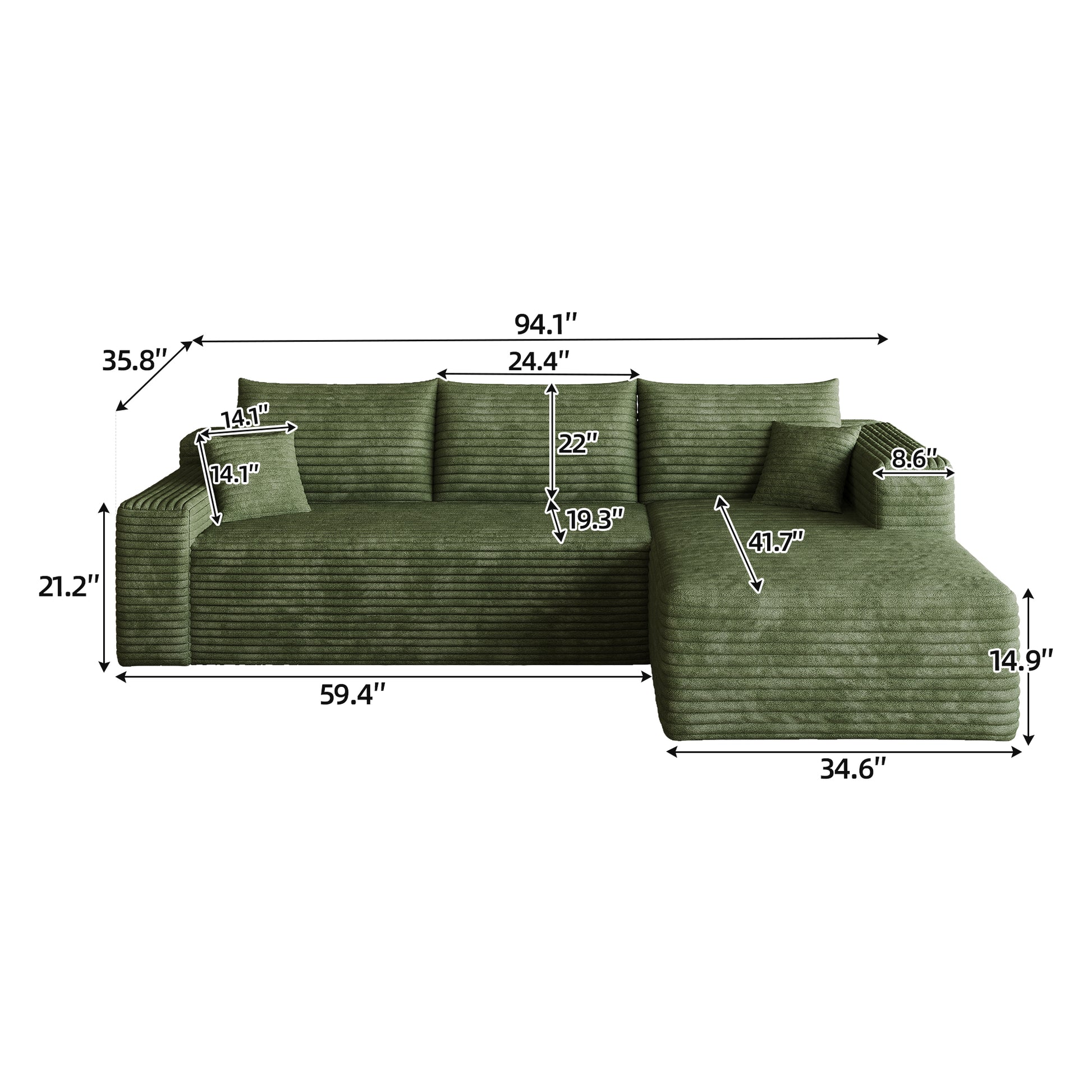 95" Cloud Sectional Sofa,Modern Minimalist Upholstered Couches, Comfort U Shaped Sofa for Living Room,Deep Seat Corner Couch,No Assembly Required,Green((Plush Corduroy Fabric) image 6