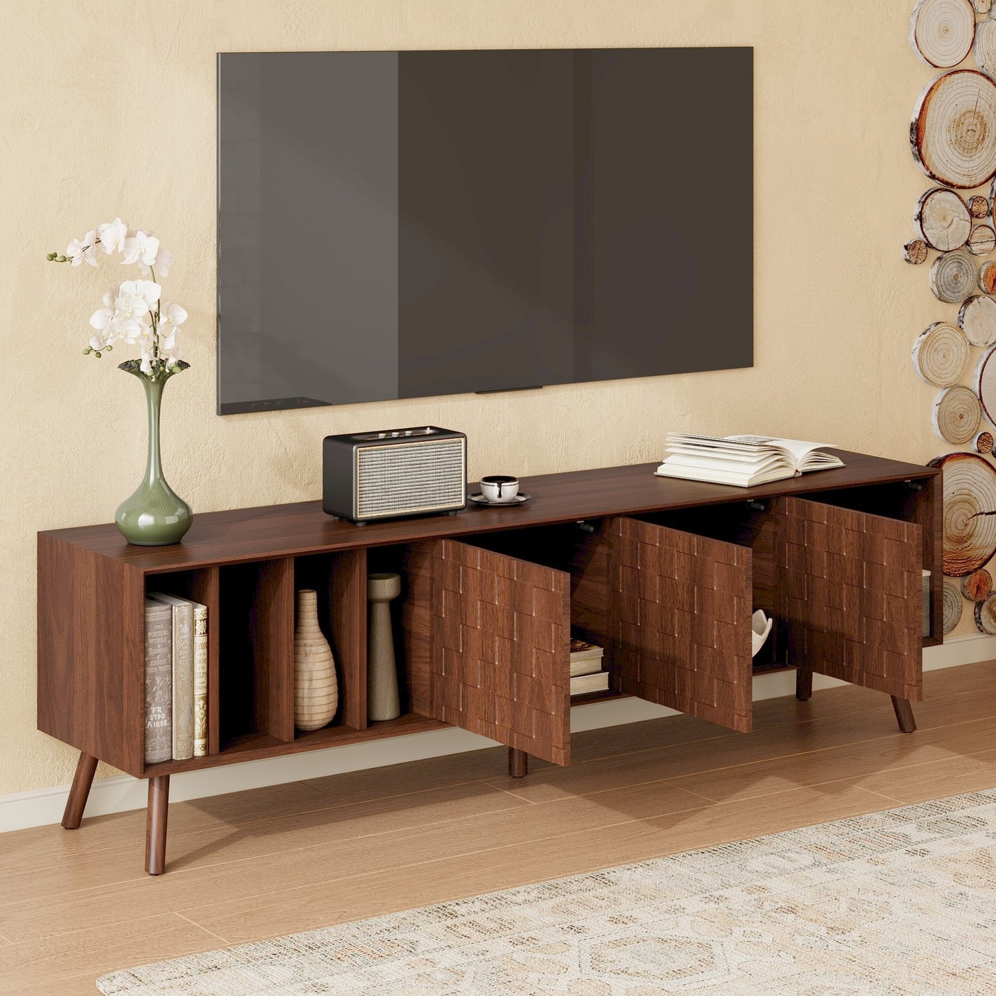 68" Mid-Century Modern TV Stand, Media Console Table for TVs up to 75'', Entertainment Center with 5 Solid Wood Legs for Living Room, Bedroom image 2