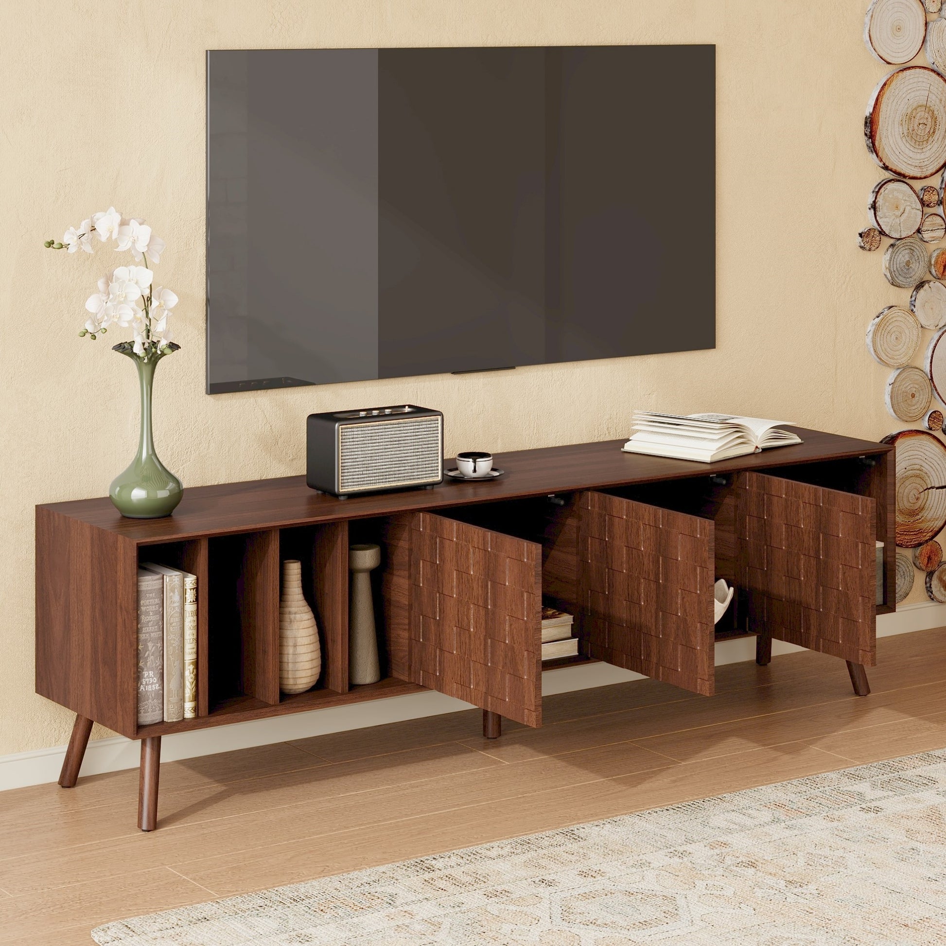 68" Mid-Century Modern TV Stand, Media Console Table for TVs up to 75'', Entertainment Center with 5 Solid Wood Legs for Living Room, Bedroom image 2
