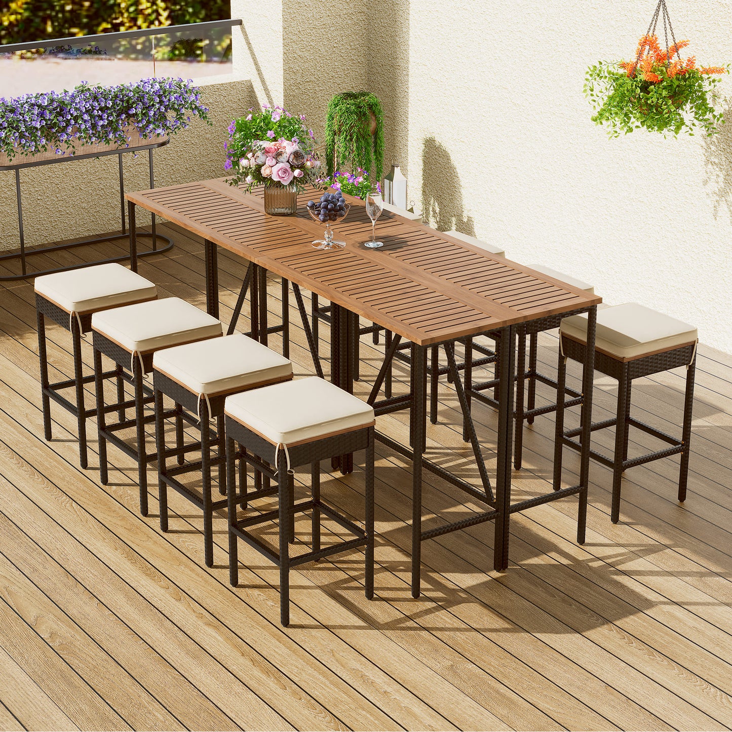 GO 10-Piece Outdoor Acacia Wood Bar Height Table And Eight Stools With Cushions, Garden PE Rattan Wicker Dining Table, Foldable Tabletop, High-Dining Bistro Set, All-Weather Patio Furniture, Brown image 2