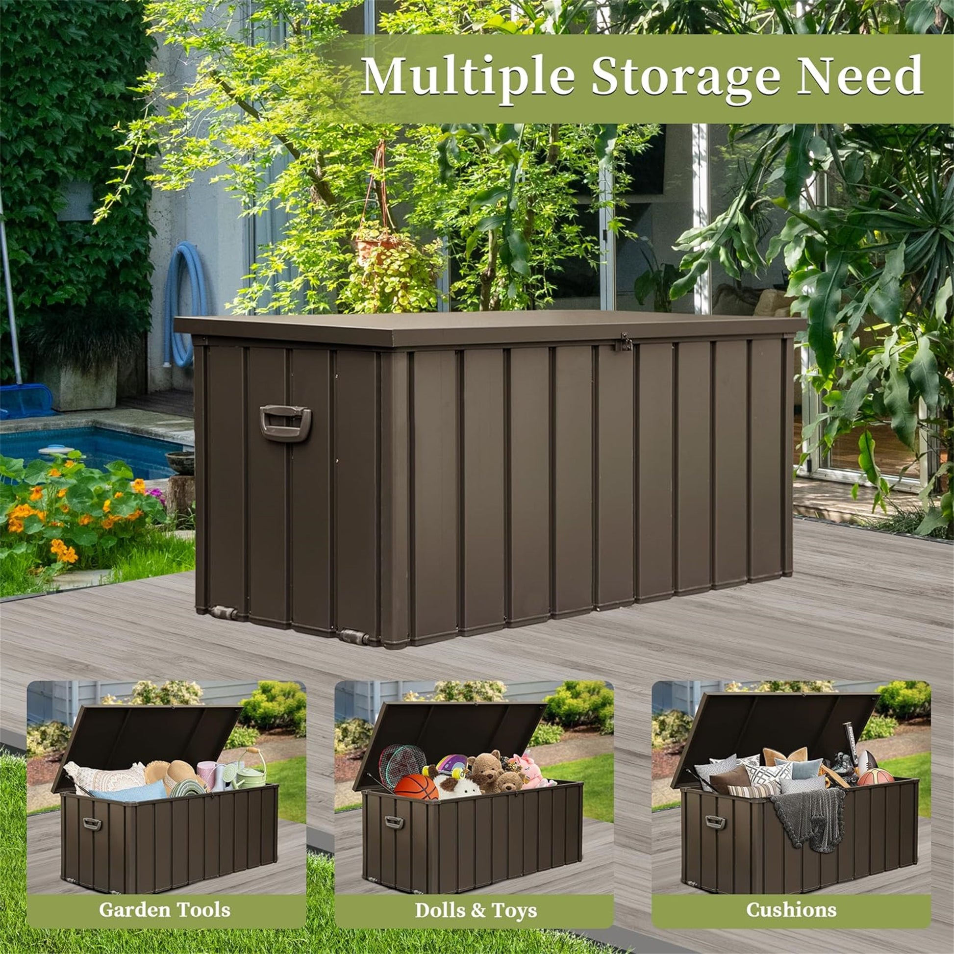 100 Gallon Outdoor Storage Deck Box Waterproof, Large Patio Storage Bin for Outside Cushions, Throw Pillows, Garden Tools, Lockable (Dark Brown) image 4