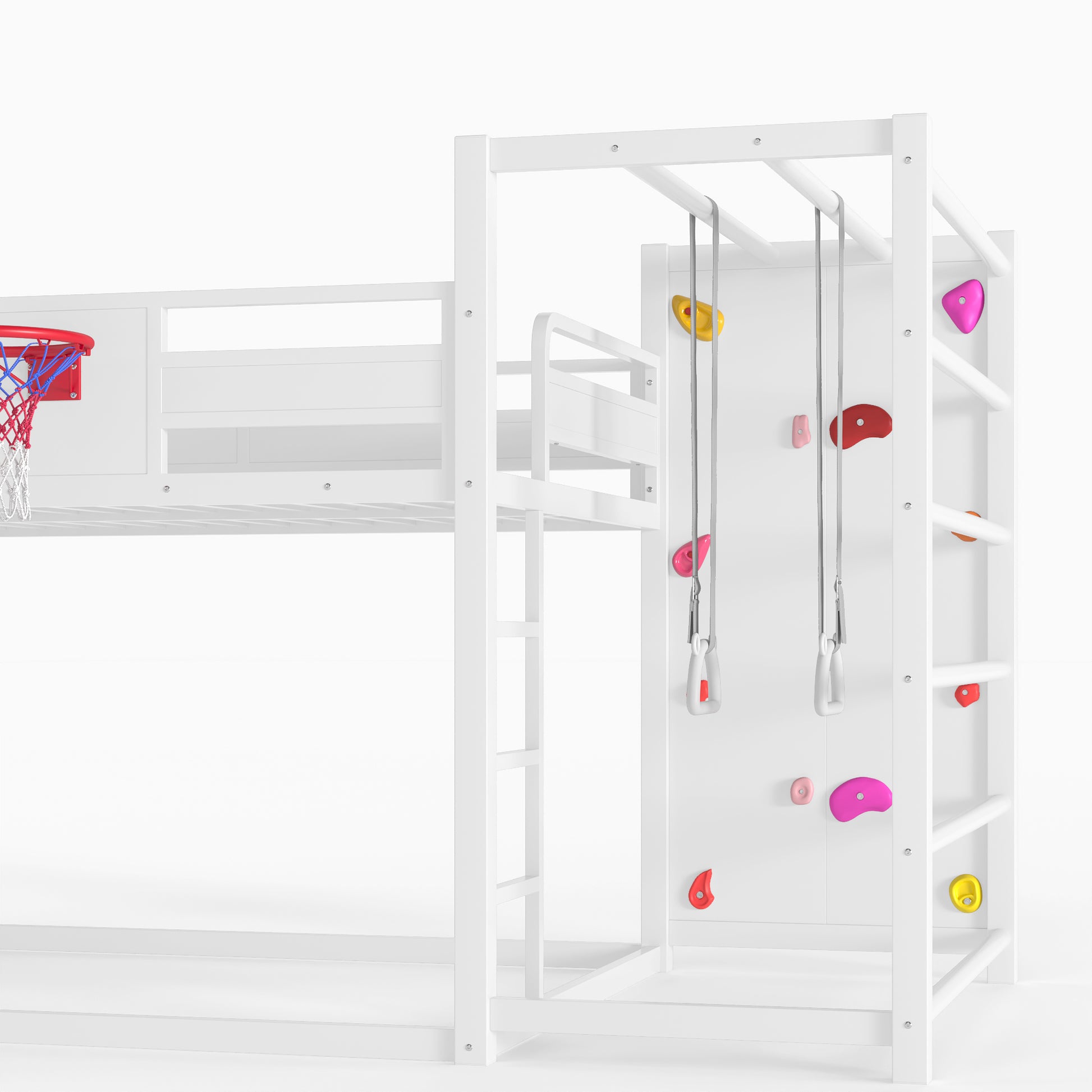 Full size metal loft bed with basketball hoop, pull-up rings, climbing wall, and built-in bookshelves. Playful children's design featuring a slide,White image 11