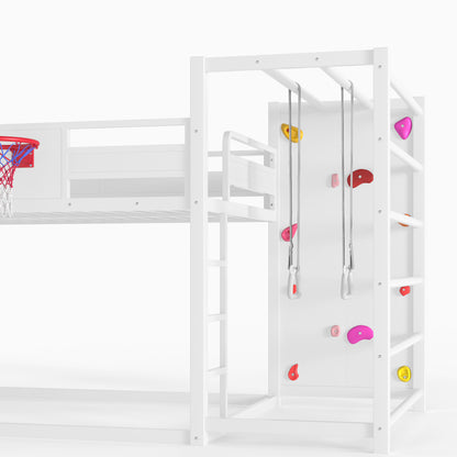 Full size metal loft bed with basketball hoop, pull-up rings, climbing wall, and built-in bookshelves. Playful children's design featuring a slide,White image 11