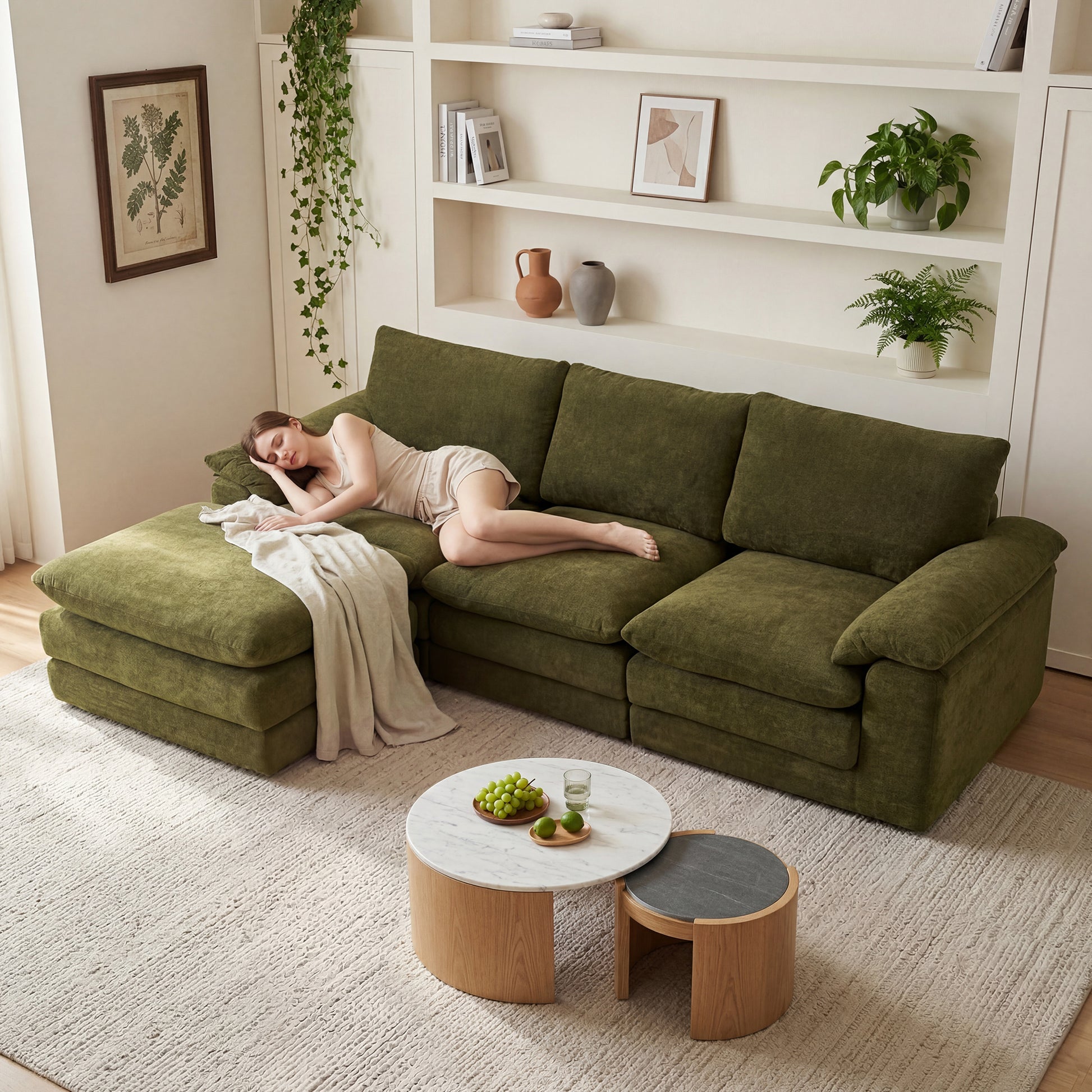 Modular Sectional Sofa, L Shape Cloud Couch with 1 Movable Ottoman, Comfy Chenille Deep Seat Sofa with Soft Pillows for Living Room Apartment (Green) image 2