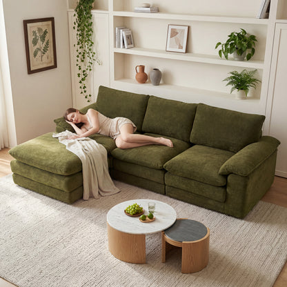 Modular Sectional Sofa, L Shape Cloud Couch with 1 Movable Ottoman, Comfy Chenille Deep Seat Sofa with Soft Pillows for Living Room Apartment (Green) image 2