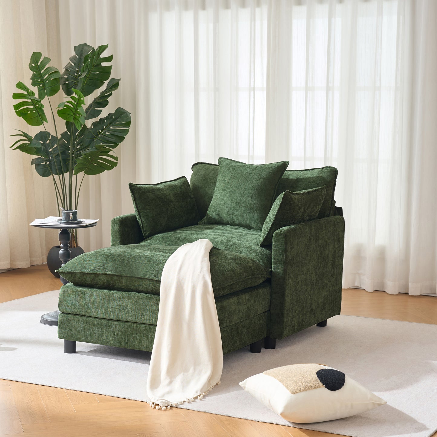 39.4" Modern Accent Chair with Ottoman, Living Room Club Chair Chenille Upholstered Armchair, Reading Chair for Bedroom, Green Chenille image 1
