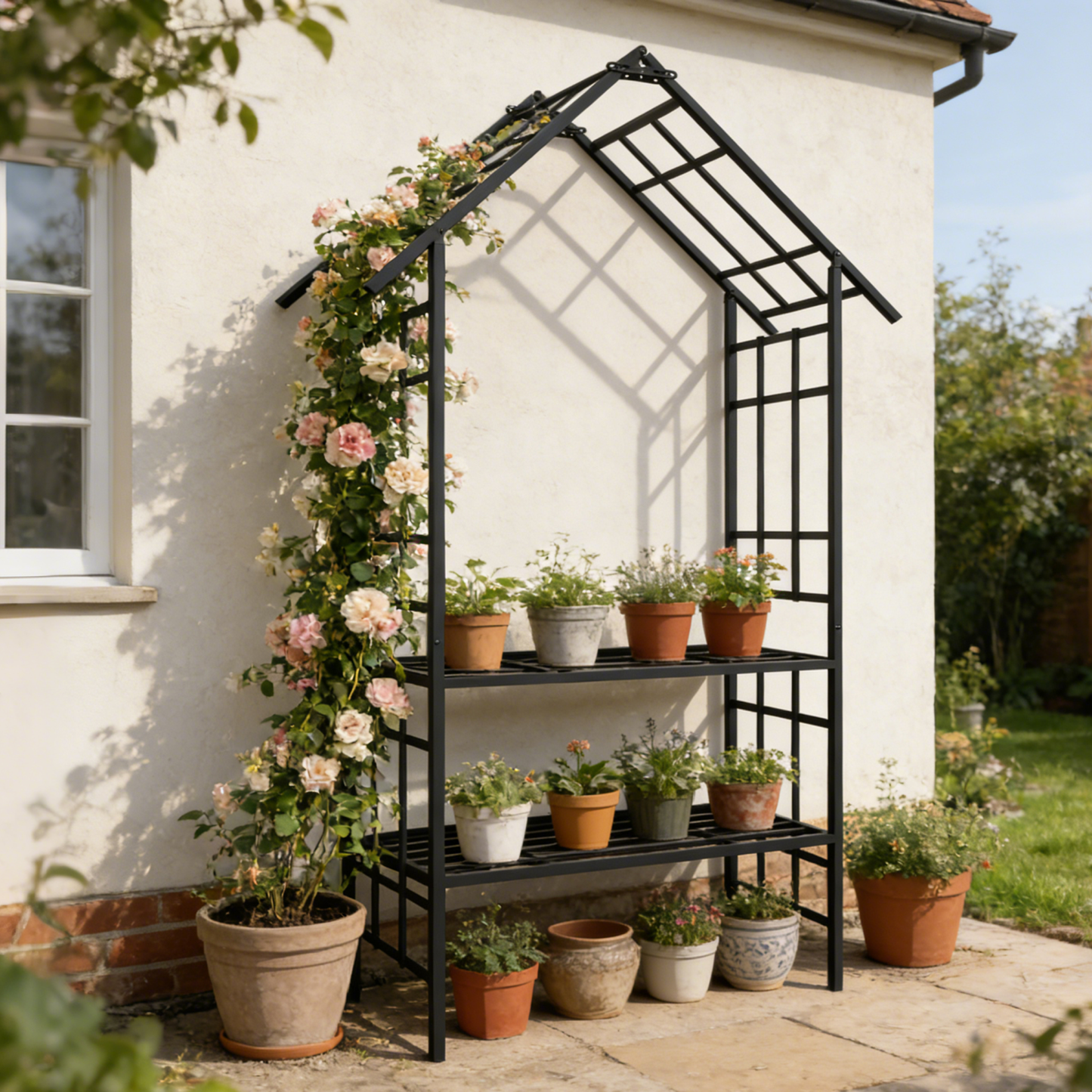 Metal Garden Arch with Bench Turned into Flower Stand W58.07*H97.24 Climbing Plants Support Rose Arch Outdoor Black image 6