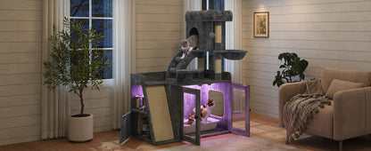 Litter Box Enclosure with Cat Tree, Hidden Litter Box with LED Light, Sisal Scratching Board and Storage Space, Modular Litter Box Furniture with Condo and Platform, All-in-one Cat Tower,Grey image 10