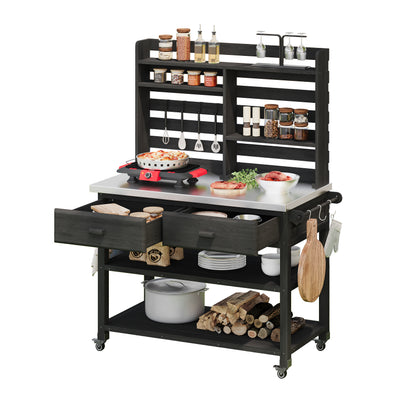 K&K 64.9"H Outdoor Potting Bench Table with Lockable Wheels, Solid Wood Outdoor Kitchen Island with Upper Hutch, Stainless Steel Top, Towel Rack,Outdoor Storage for Grilling, Lawn Garden -Black image 10