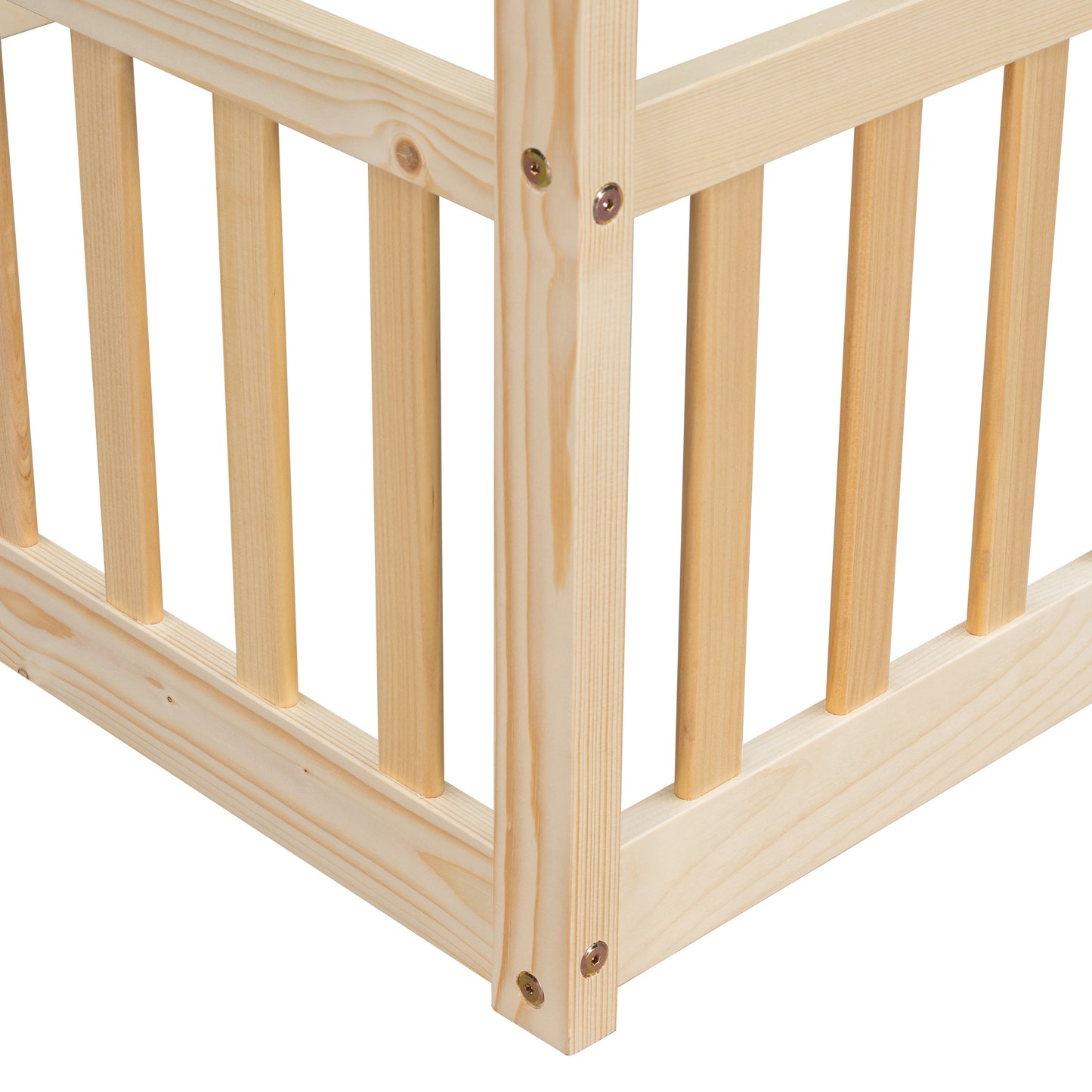 Twin Size House Floor Bed with Roof Frame,Pine Wood Floor Bed with Safety Guardrails,Natural image 2