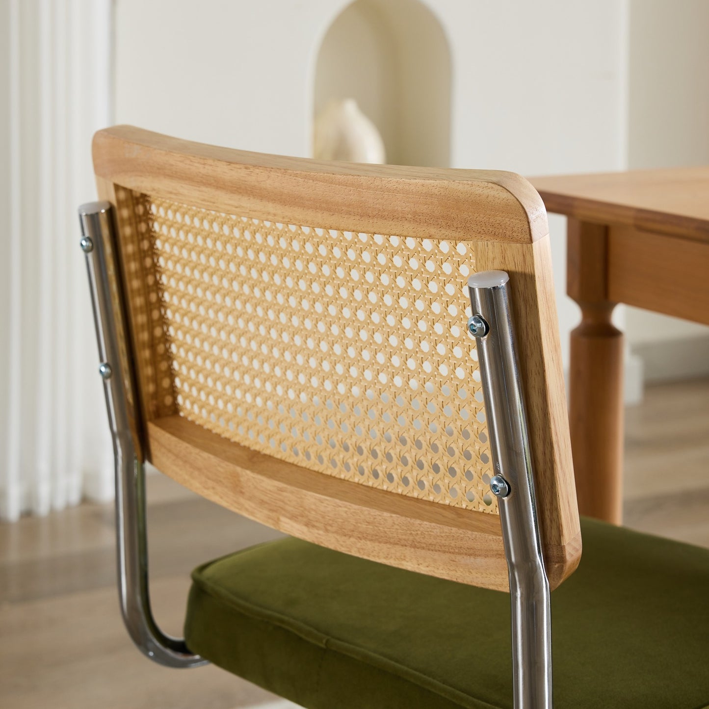 Mid Century Modern Dining Chairs Set of 2, Velvet Accent Chairs with Natural Cane Back & Stainless Chrome Base, Famous Breuer Designed Chairs, Upholstered Rattan Kitchen Chairs,Olive-Green image 9