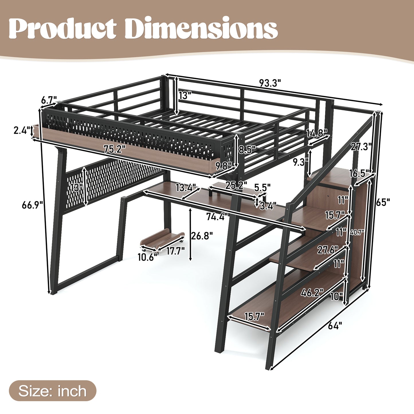 Full Loft Bed with Storage Stairs, Shelves gaming loft bed with Pegboard and Built-in Wardrobe, Metal Loft Bed Frame with USB Ports and LED Lights, Noise-reduced Design, Black image 6