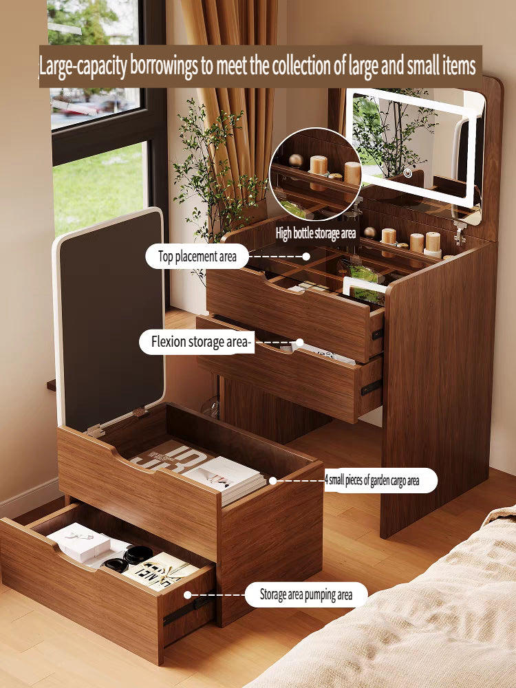 (48cm)(Walnut) 3 in 1 Vanity Desk with Plip Top Mirror,Small Make Up Vanity Set with Visible Glass Desktop, Compact Makeup Vanity with 3 Drawers, Dressing Table image 6