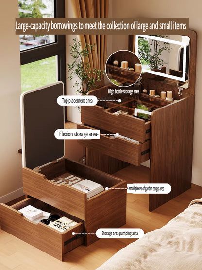 (48cm)(Walnut) 3 in 1 Vanity Desk with Plip Top Mirror,Small Make Up Vanity Set with Visible Glass Desktop, Compact Makeup Vanity with 3 Drawers, Dressing Table image 6