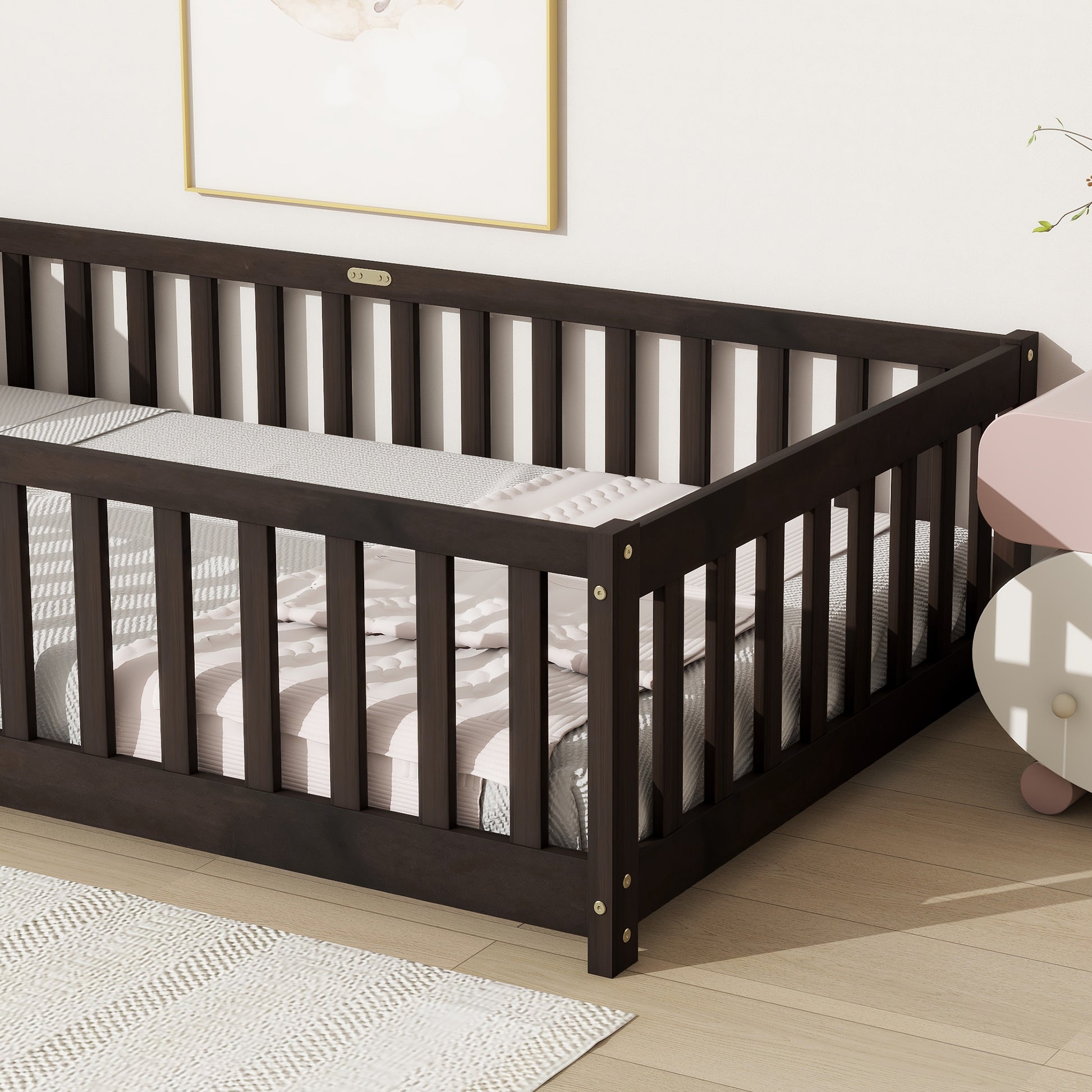 Twin Size Floor Bed with Fence without Door, Rubber Wood Floor Bed with Safety Guardrails,Espresso (Old Sku W504P286398) image 5
