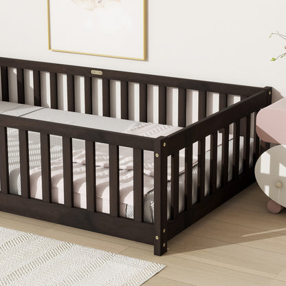 Twin Size Floor Bed with Fence without Door, Rubber Wood Floor Bed with Safety Guardrails,Espresso (Old Sku W504P286398) image 5