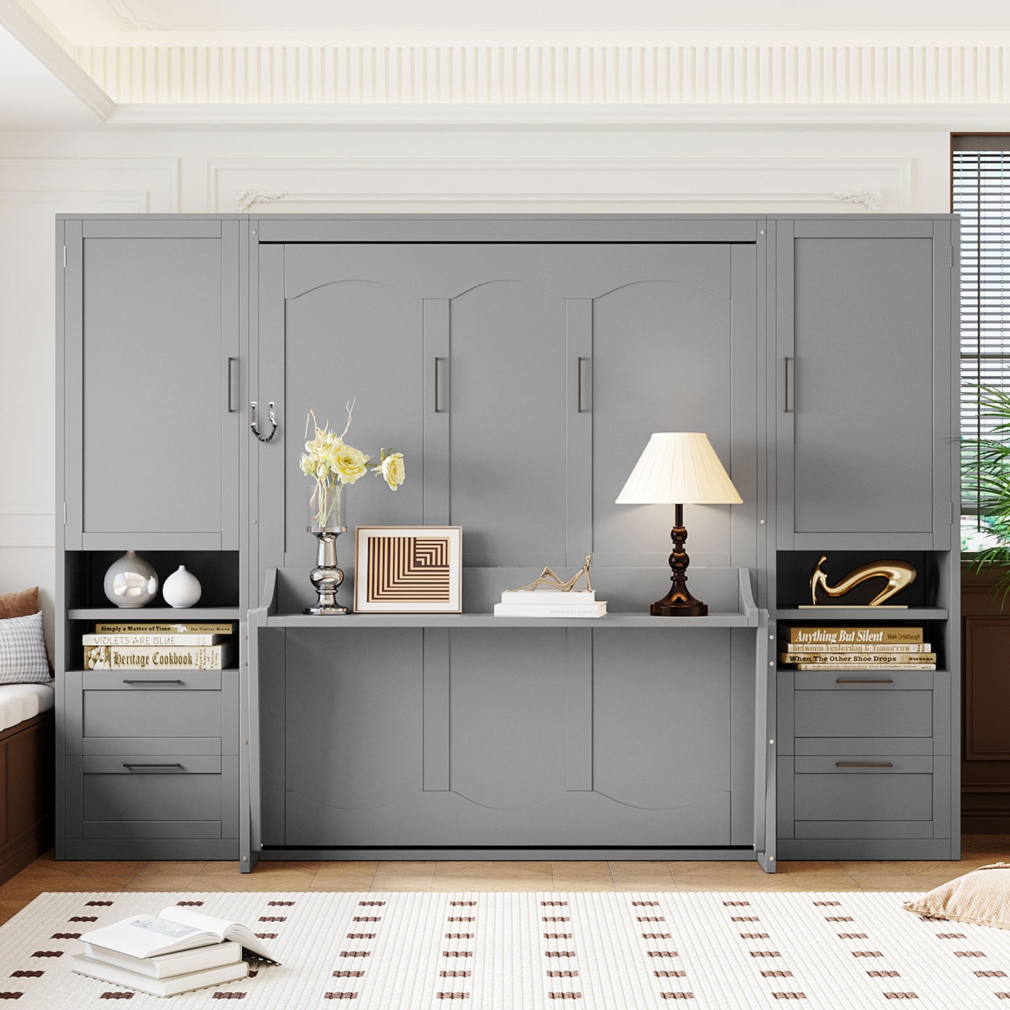 Queen Size Murphy Bed Wall Bed with Closet,Drawers and Shelves,Gray(OLD SKU:LP000909AAE-2) image 1