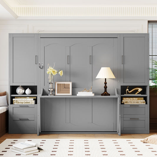 Queen Murphy Bed with Closet and Drawers - Gray - Front View