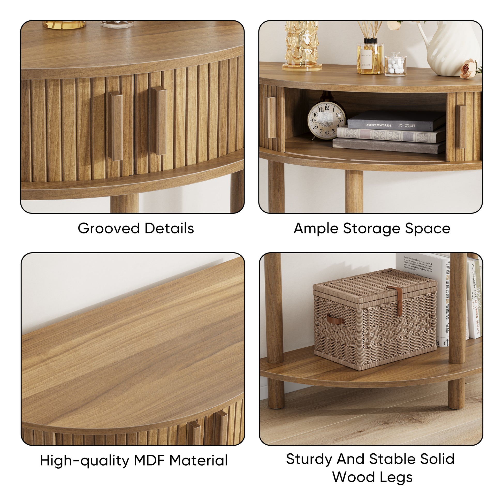 31.5-Inch Grooved Half-Moon Console Table, Farmhouse Sofa Table Behind Couch, Modern Entryway Table, Decorative Table for Living Room, Hallway, Entryway or Foyer Narrow Entry, Walnut image 11
