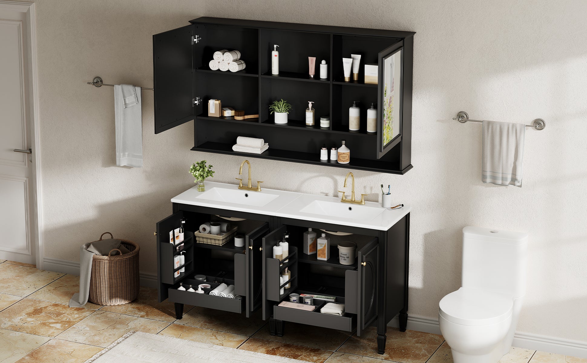 60" Double Sink Bathroom Vanity Set with Matching Wall Mount Medicine Cabinet, Vintage Raised Round Panel Doors & Tapered Legs, Soft Close Hinges, Adjustable Storage Shelves, Black image 5