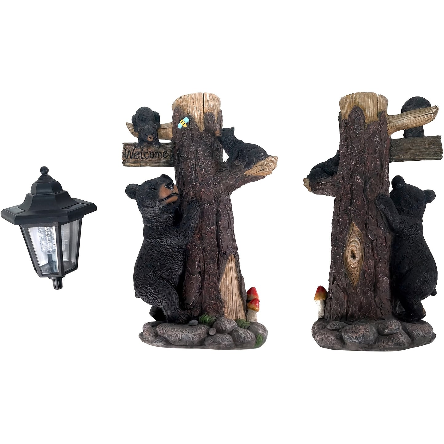 Black bear statue welcome sign garden statue with solar light, 19-inch resin bear family on tree, outdoor bear decoration for courtyard, garden, lawn, yard, perfect gift for Thanksgiving, Christmas, M image 4