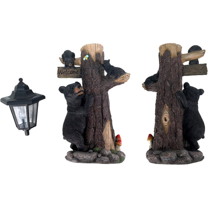 Black bear statue welcome sign garden statue with solar light, 19-inch resin bear family on tree, outdoor bear decoration for courtyard, garden, lawn, yard, perfect gift for Thanksgiving, Christmas, M image 4