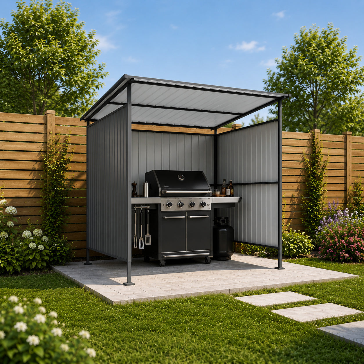 6x6FT Outdoor Pergola with Hardtop Roof, Lean-to Metal Grill Gazebo & Bike Storage Shed, Heavy Duty Patio Awning Shelter for Backyard, Deck, Lawn, BBQ & Pets image 5