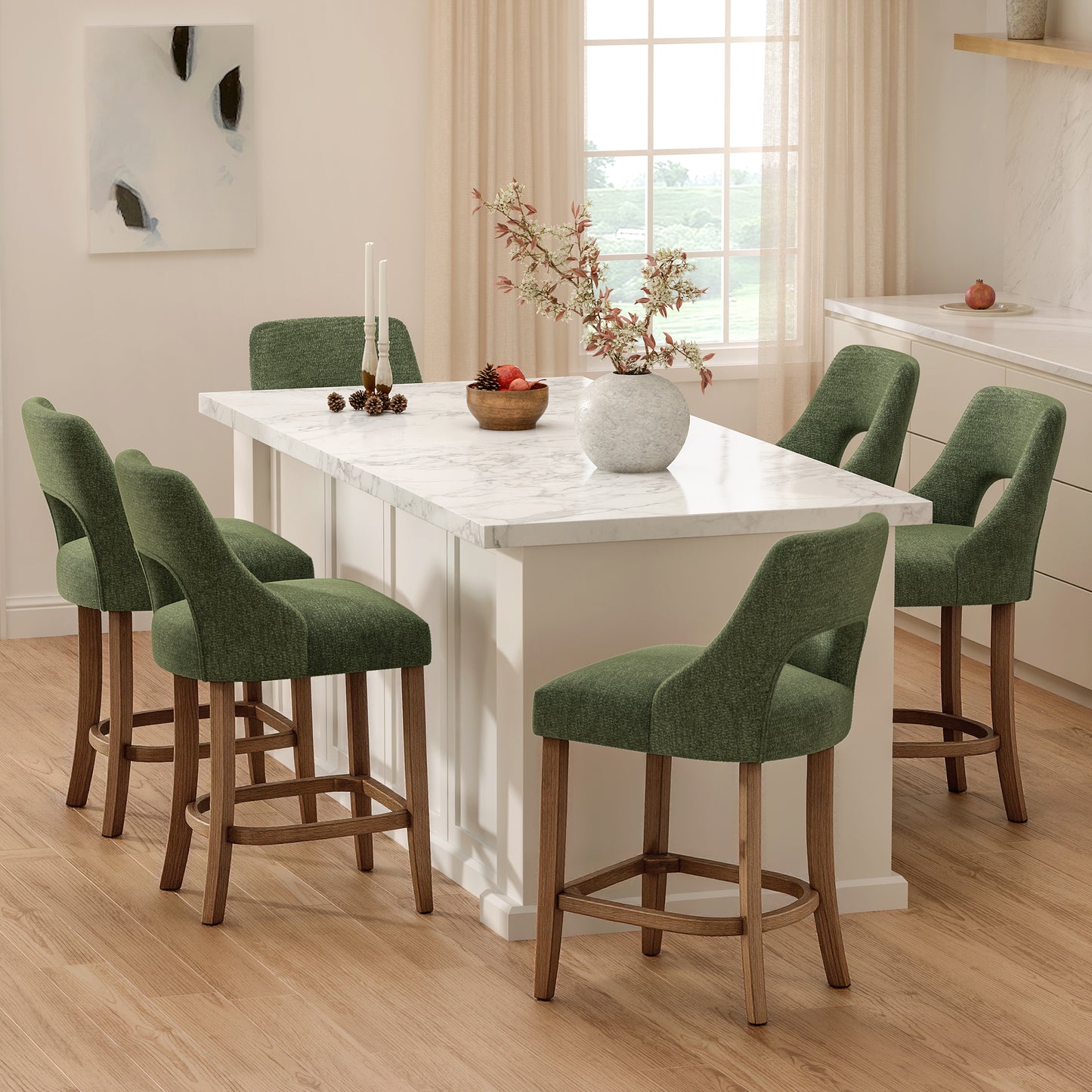Bar Stools Set of 2, Upholstered Counter Height Bar Stools, Modern Counter Stools with Wood Legs for Kitchen Island Dining Room Bar, Green image 3
